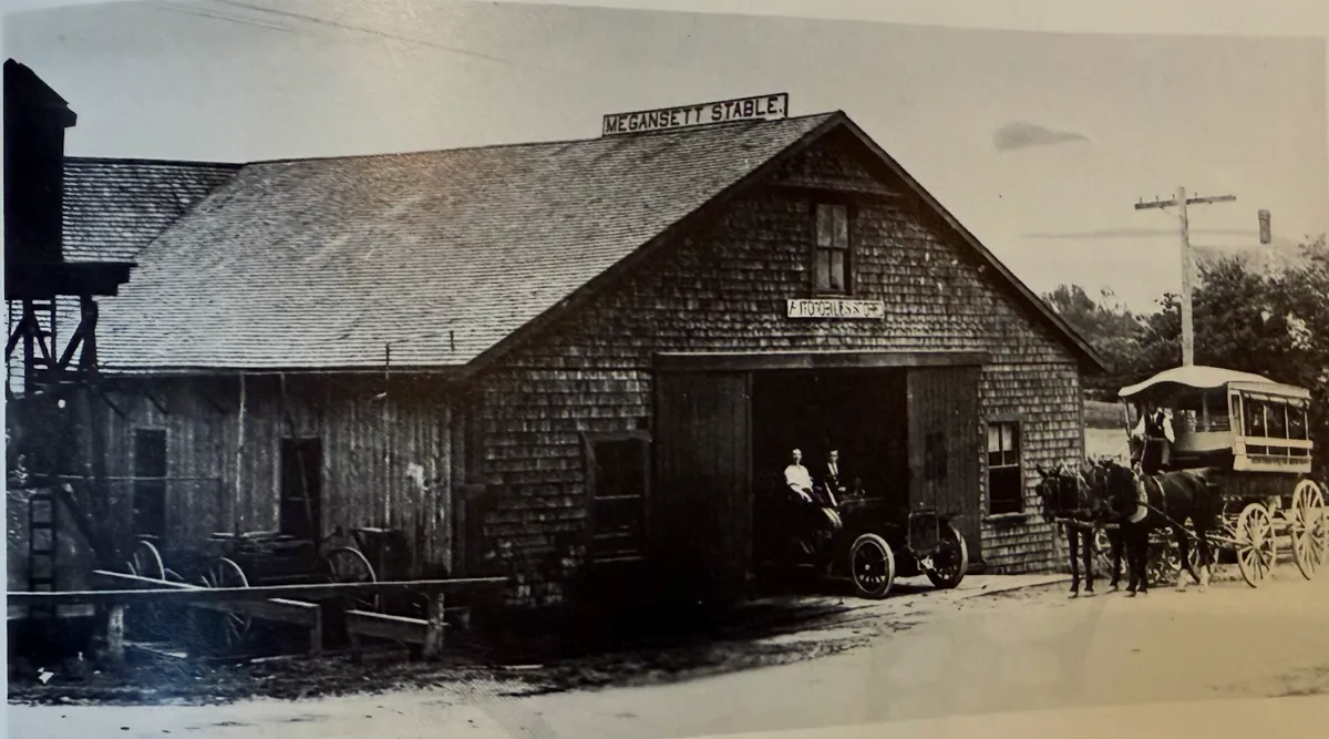 Archive photo of the Megansett Stable building and a horse-drawn coach