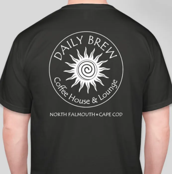 Back of the black T-shirt with the Daily Brew sun logo and North Falmouth, Cape Cod